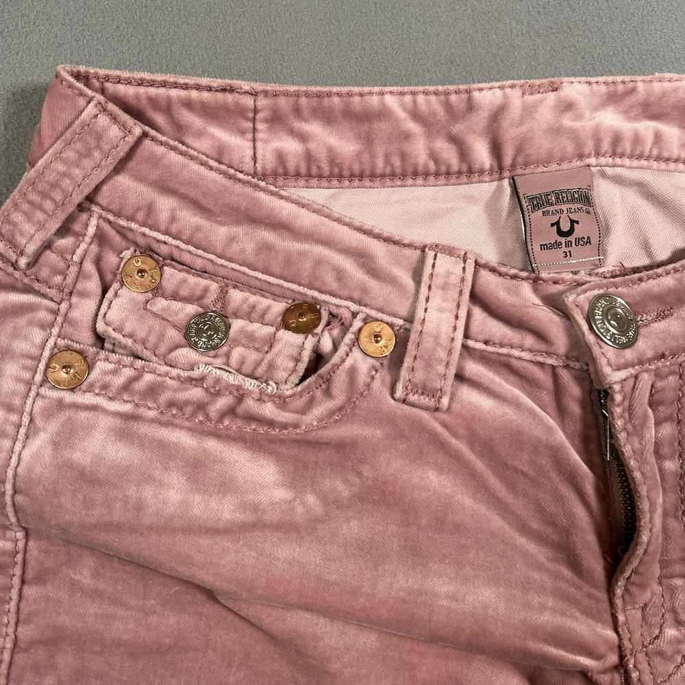 True Religion Joey Big T Velour Flare Leg Pants Sz 31x30 Pink Bootcut Flaps USA - Picture 3 of 12